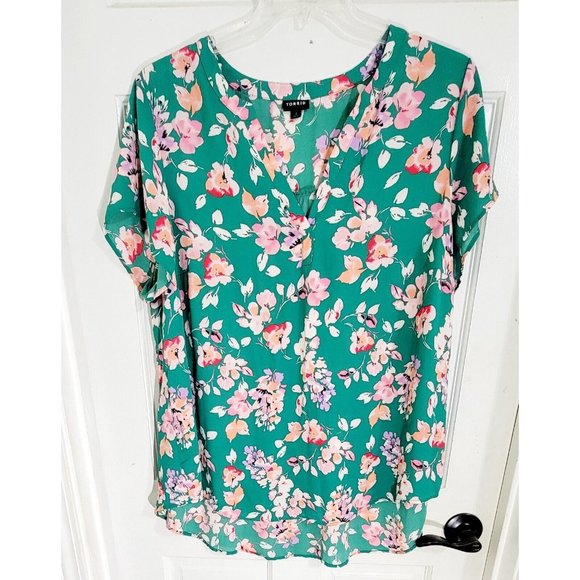 Torrid Womens Green Floral Print V Neck Top‎ Short Sleeve Blouse Plus Size 2 - Picture 4 of 10
